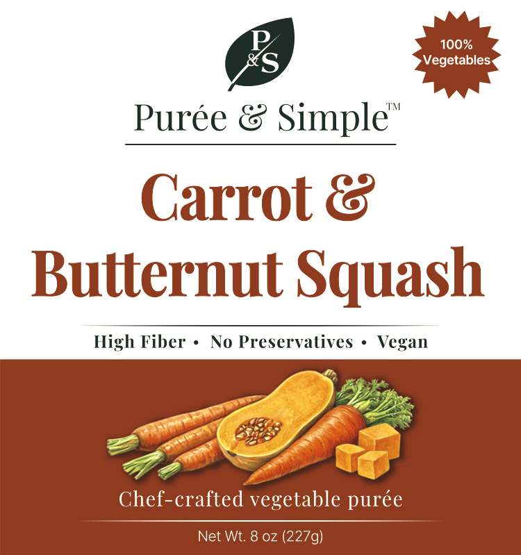 Packaging label for Purée & Simple carrot and butternut squash vegetable puree, featuring images of carrots, butternut squash, and tofu cubes, with a green leaf logo at the top, and labels indicating it is 100% vegetables, high fiber, no preservatives, and vegan.