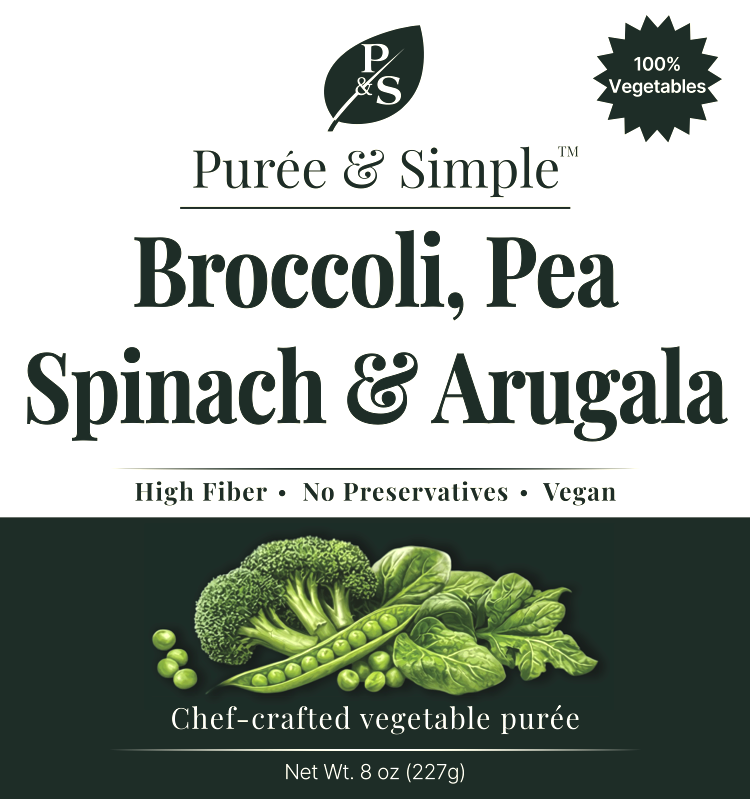 Label for Purée & Simple vegetable purée, featuring broccoli, pea, spinach, and arugula, with a graphic of these vegetables and details about being high fiber, no preservatives, vegan, and 100% vegetables.