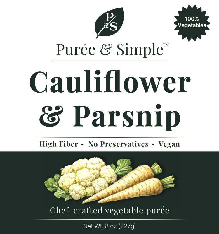 Package of Purée & Simple cauliflower and parsnip vegetable puree, showing cauliflower and parsnips on the label.