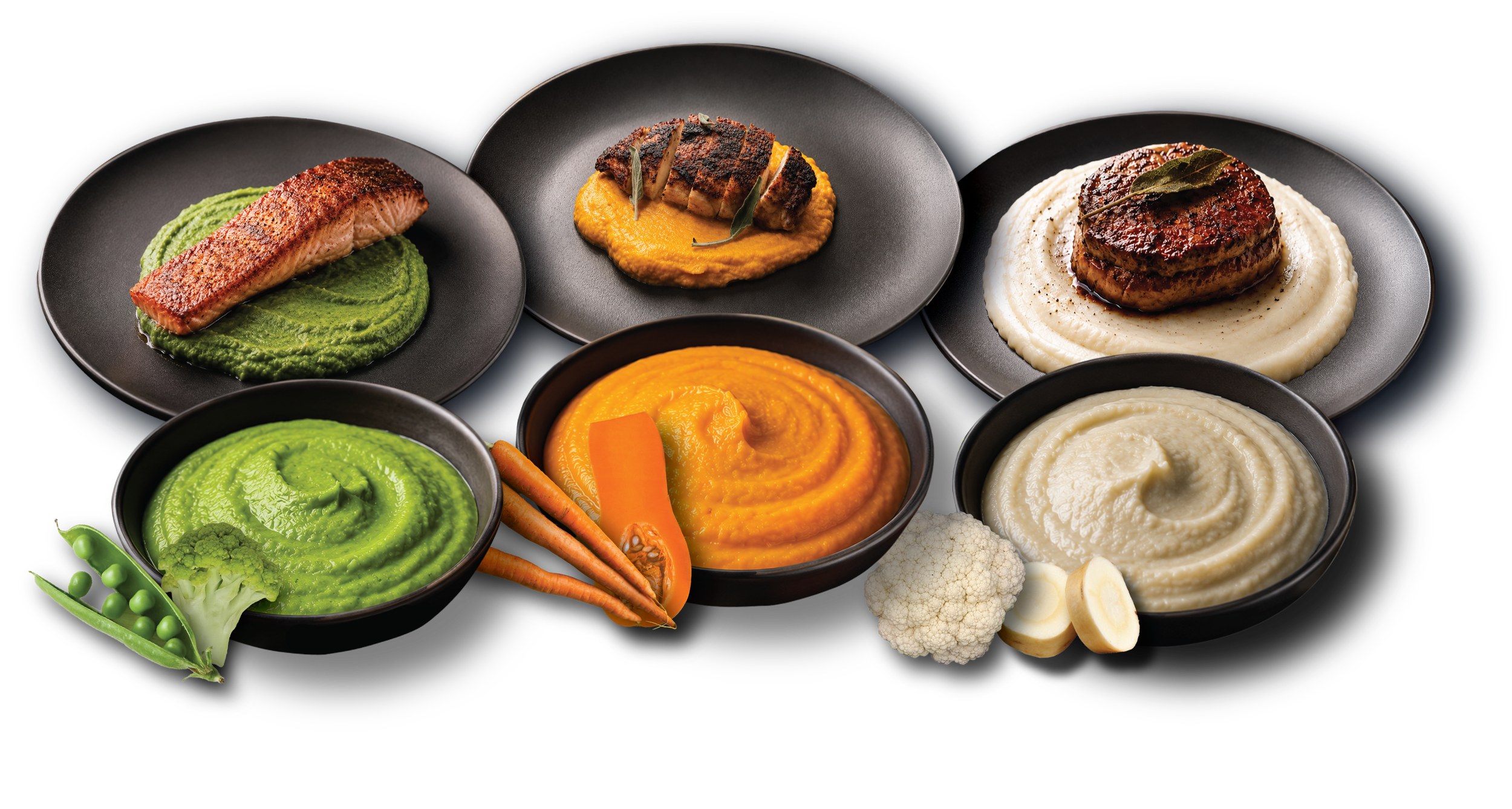 Assorted vegetarian dishes including mashed potatoes, carrots, cauliflower, green peas, broccoli, hummus, and various vegetable purees on black plates.