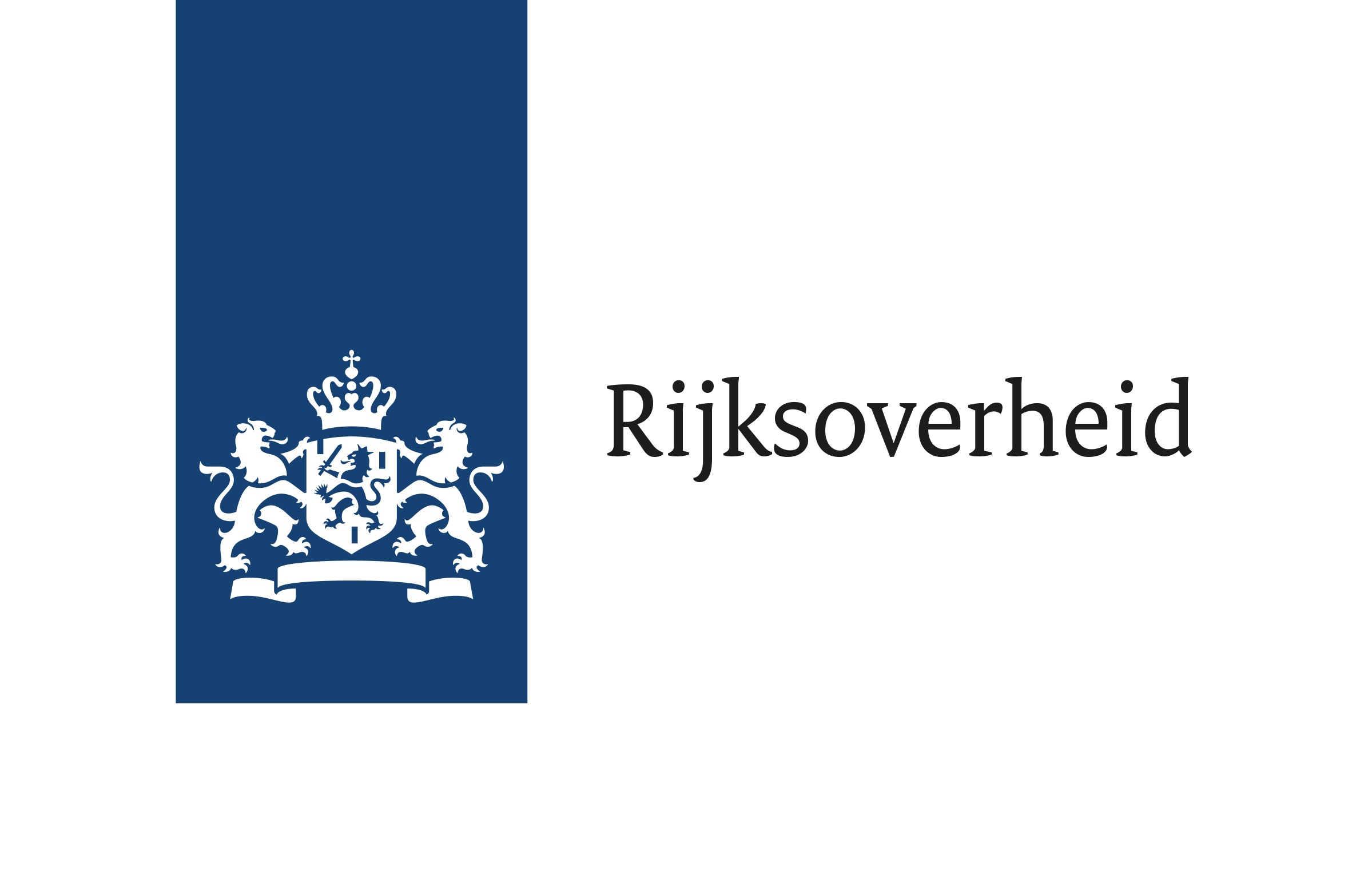 Logo van de Rijksoverheid met een blauw vak en een witte leeuwenkop met kroon, en de tekst 'Rijksoverheid'.