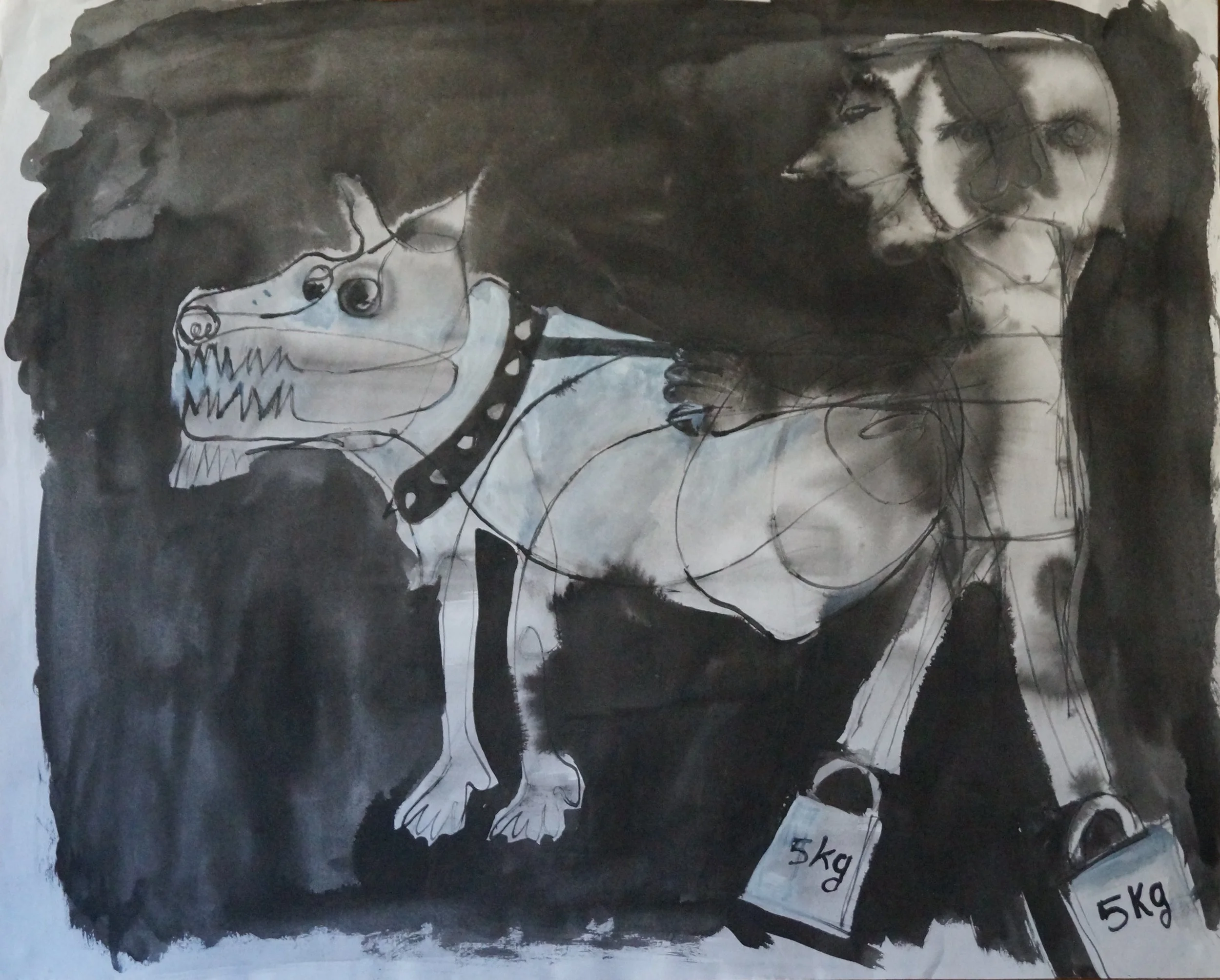 Man-dog with weights on the feet, Ink on paper – 59.5x47.5cm (February 2023)