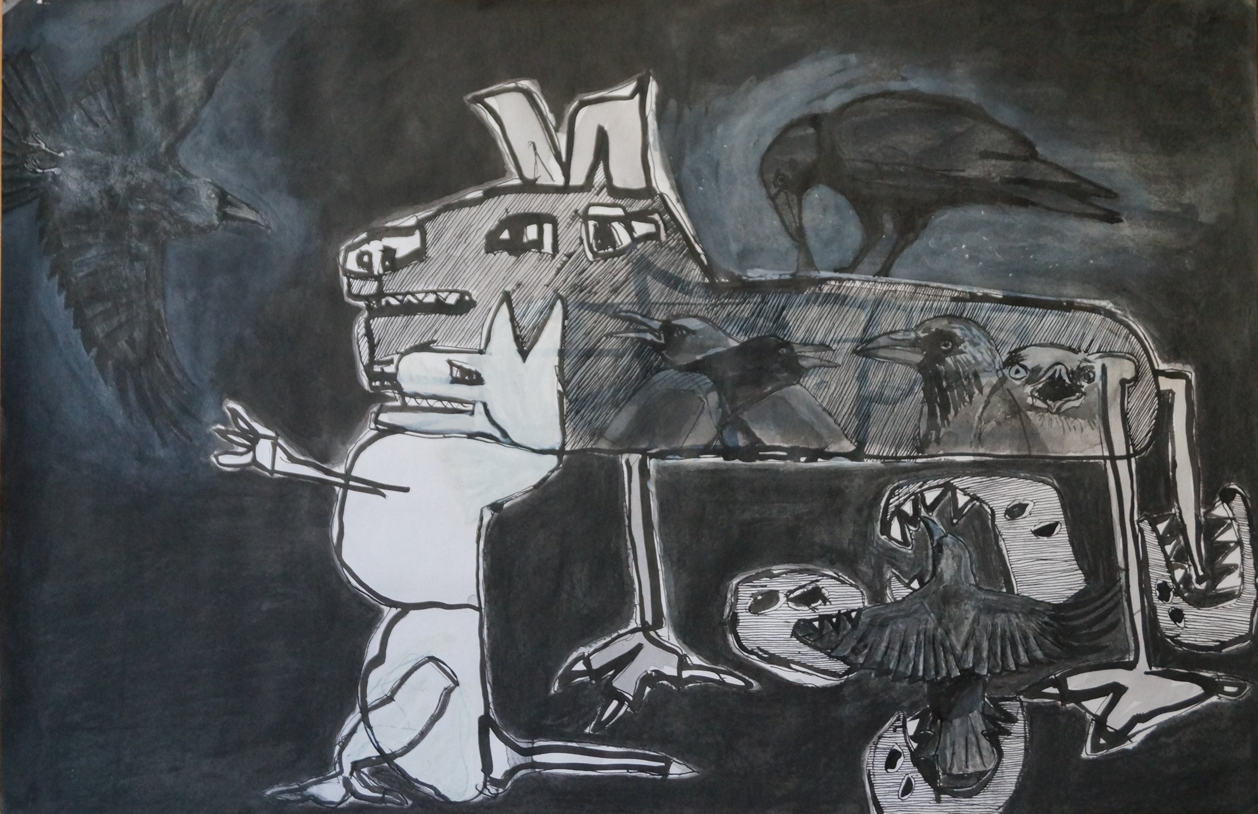 Dog, Crows and Pegman, Ink on paper – 59x38.5cm (February 2023)