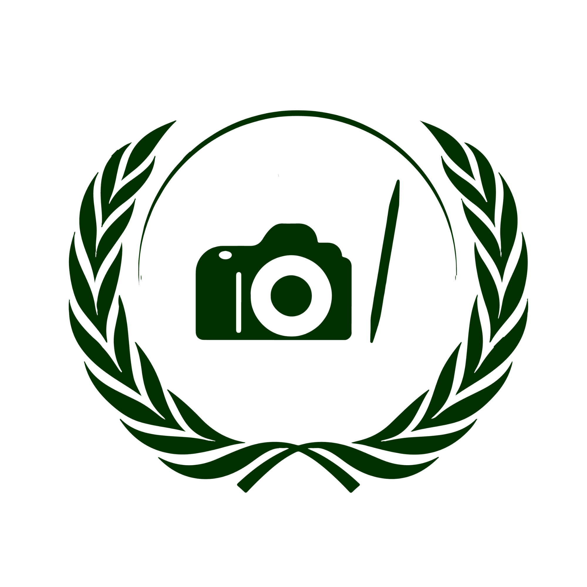 Icon with camera and paintbrush inside a laurel wreath.
