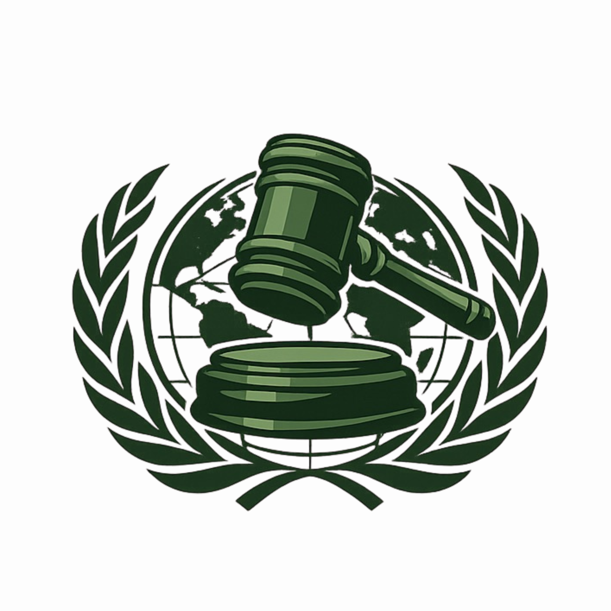 A gavel over a set of scales in front of a world map, surrounded by laurel branches, symbolizing international law or justice.