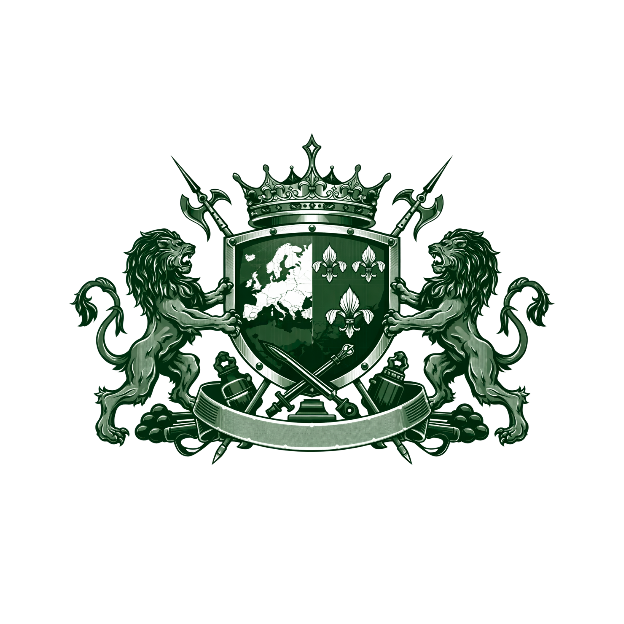 A coat of arms featuring two lions holding a shield with a map of Europe and three fleurs-de-lis, topped with a crown and surrounded by medieval weapons and symbols.