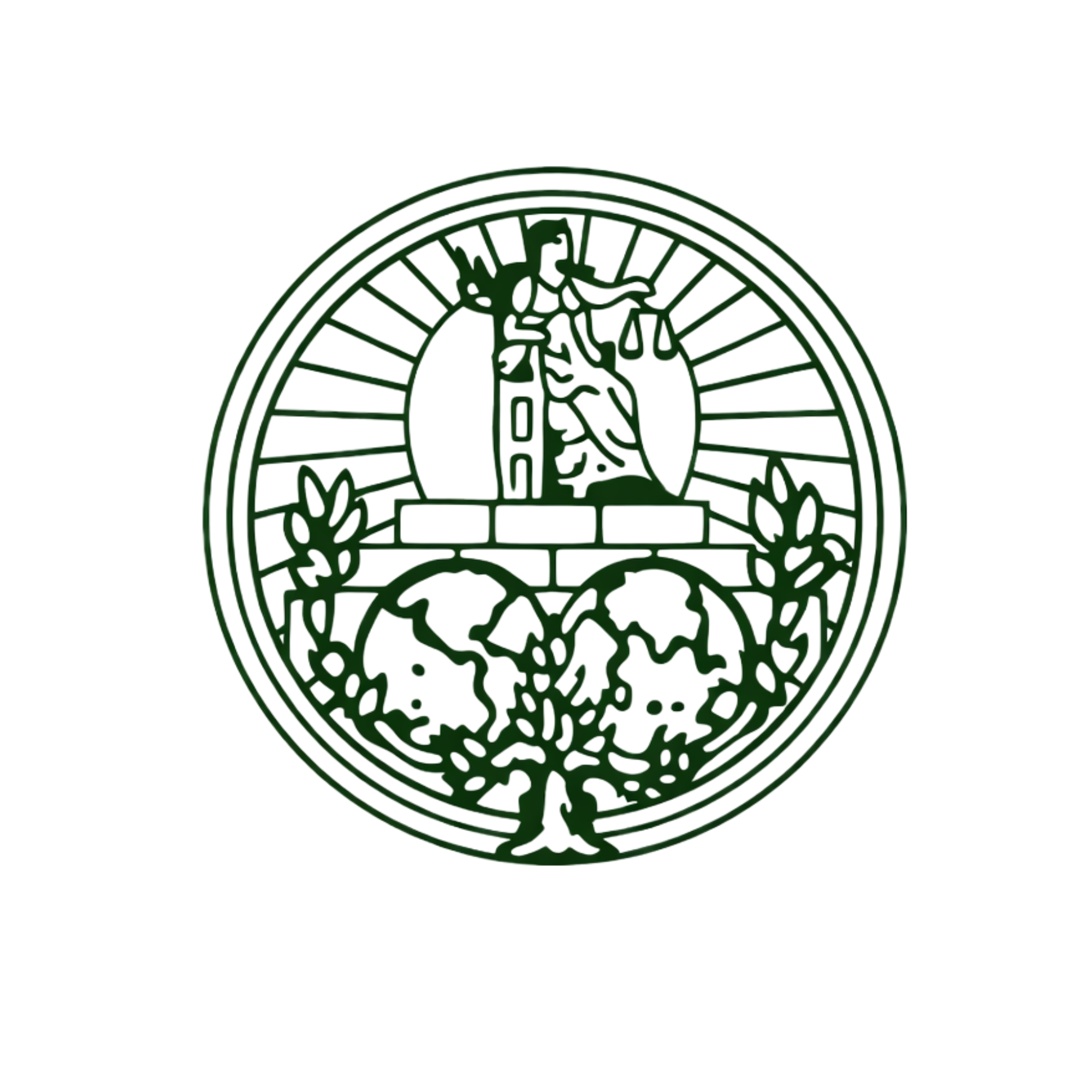 A circular emblem featuring Lady Justice holding scales in one hand and a sword in the other, surrounded by decorative elements including a representation of the earth and laurel branches.