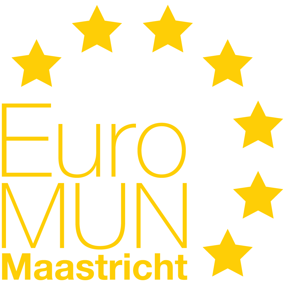 Logo featuring the phrase 'Euro MUN Maastricht' in yellow text with nine yellow stars arranged in an arc above.