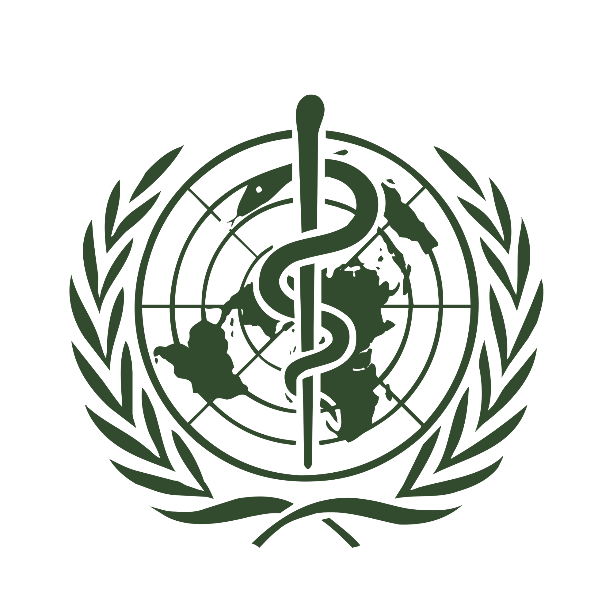 World map with a snake circling a staff at the center, surrounded by a laurel wreath, representing the World Health Organization logo.