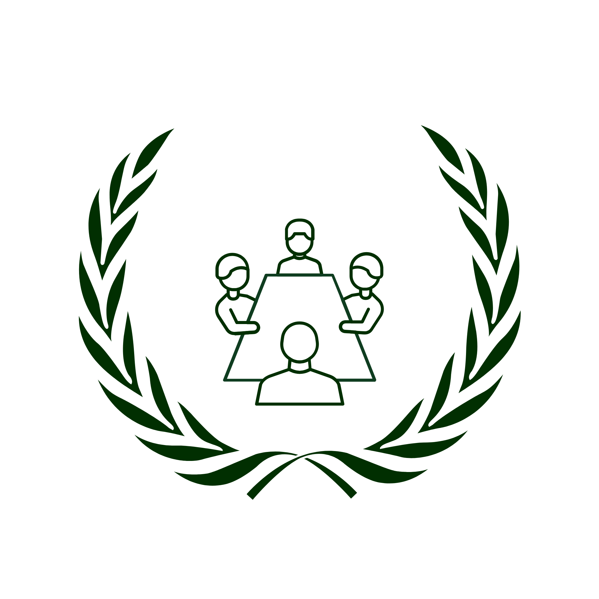 Outline icon of four people sitting around a conference table, with a laurel wreath surrounding them.