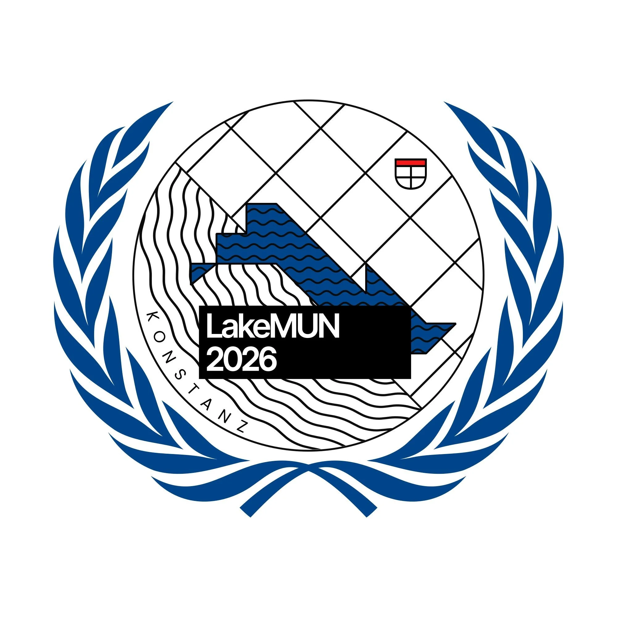 UN logo with a map of Lake Wisconsin and surrounding topographical lines, text reading 'LakeMUN 2026,' and a border of blue laurel leaves.