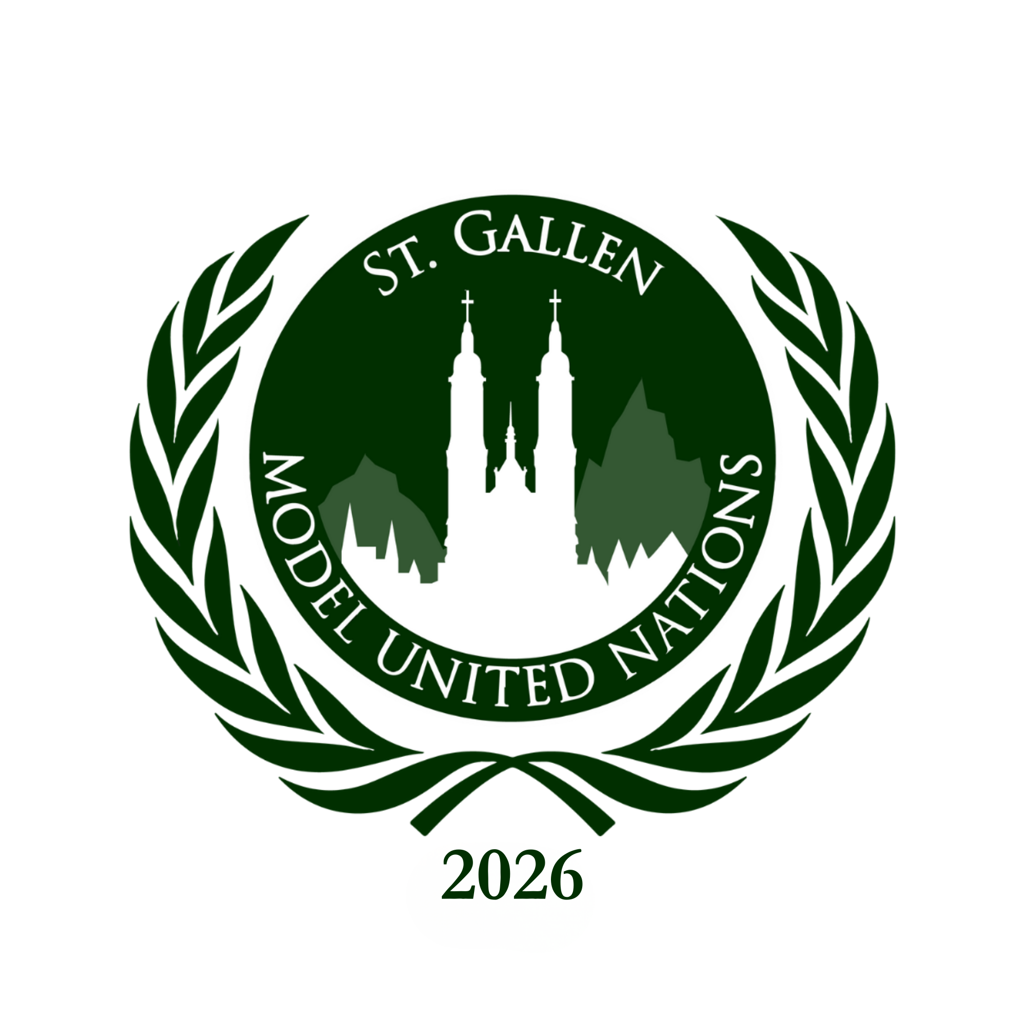The logo of St. Gallen Modell United Nations, featuring an emblem with two church towers, mountains, and laurel branches, with the text 'St. Gallen Modell United Nations 2026'.