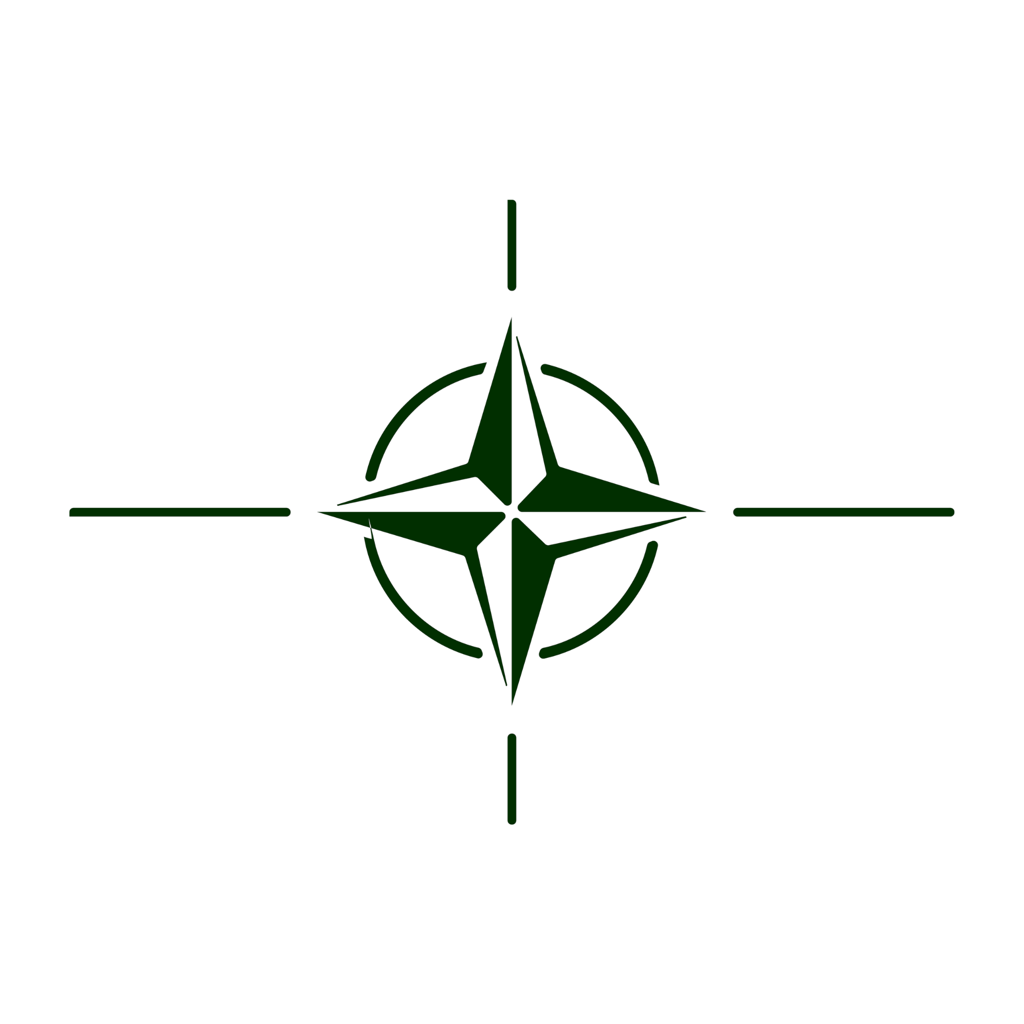 NATO military alliance compass logo with four-pointed star in dark green and surrounding circle, on a white background.