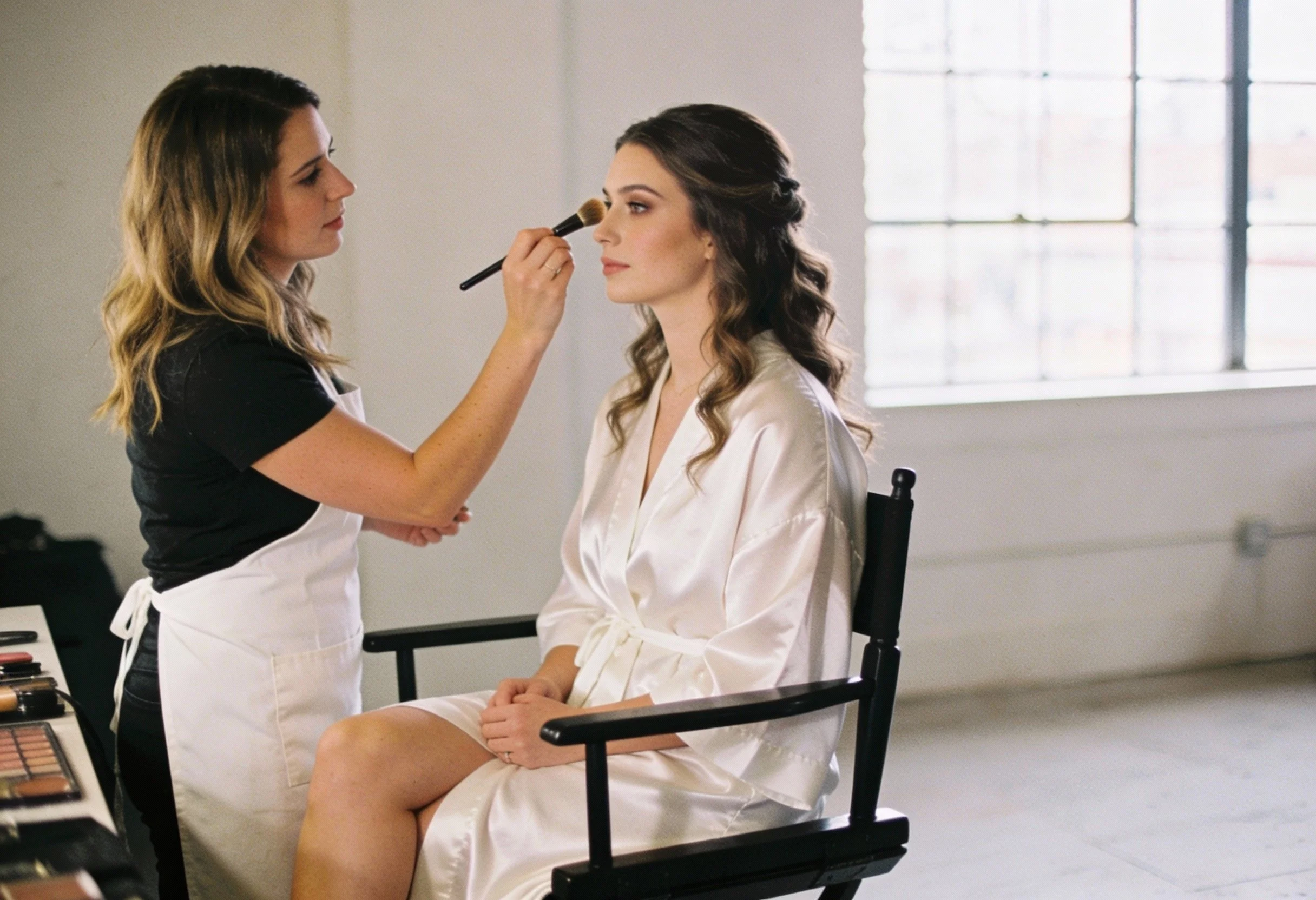 Makeup artist applying makeup to a seated woman in a room with large windows.