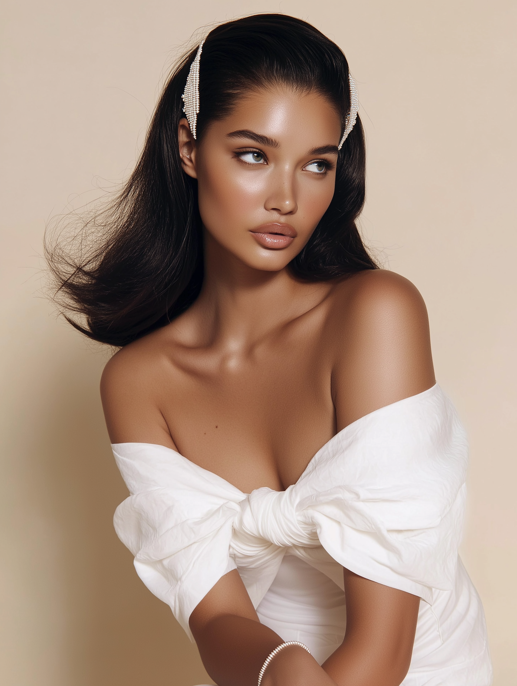 A woman with long dark hair, wearing pearl hair clips, a white off-the-shoulder top, and a pearl bracelet, looking to the side. She has clear skin and makeup. The background is beige.