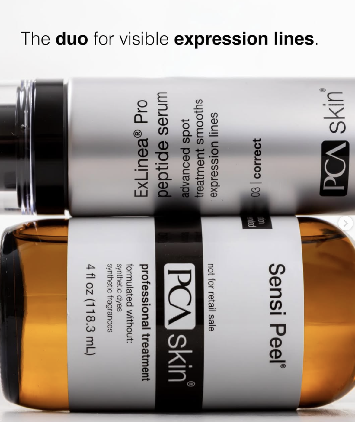 Two skincare bottles, one labeled PCA Skin, the other PCA Sensi Peel, lying horizontally with their labels visible.