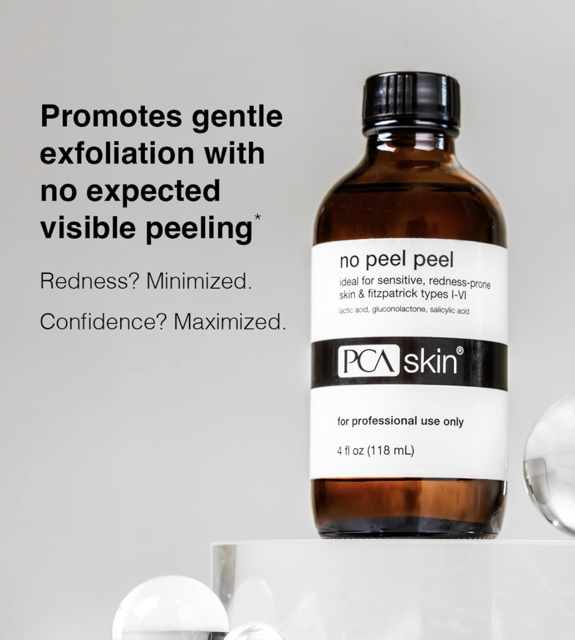 A brown bottle labeled 'no peel peel' from PCA skin, indicating it is for sensitive and red skin, with ingredients lactic acid, gluconolactone, and salicylic acid. The background features black text highlighting benefits like promoting gentle exfoliation without visible peeling, minimized redness, and maximized confidence.