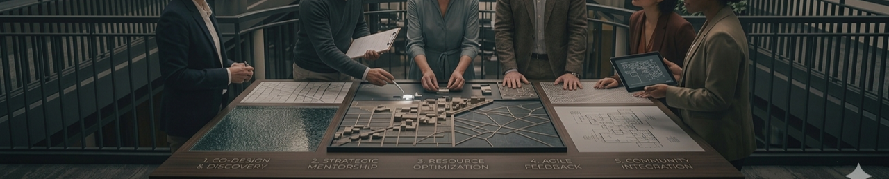 Group of people gathered around a table with architectural models and blueprints, discussing planning strategies.