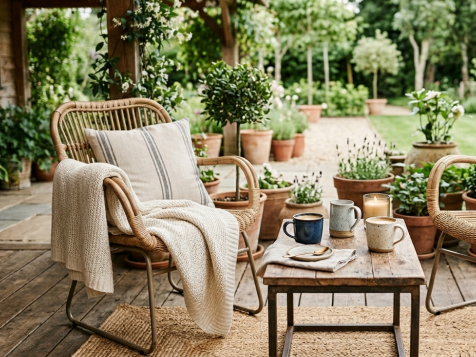 A cozy outdoor patio with wicker chairs, a small rustic wooden table, potted plants, and lush greenery in the background.