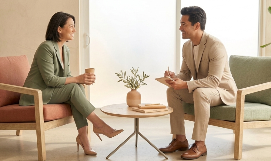 A woman and a man sit facing each other in a bright, modern office or waiting area, having a conversation. The woman holds a cup, and the man, dressed in a light beige suit, takes notes on a notepad. They are smiling, and there is a small round table with a potted plant and some books between them.