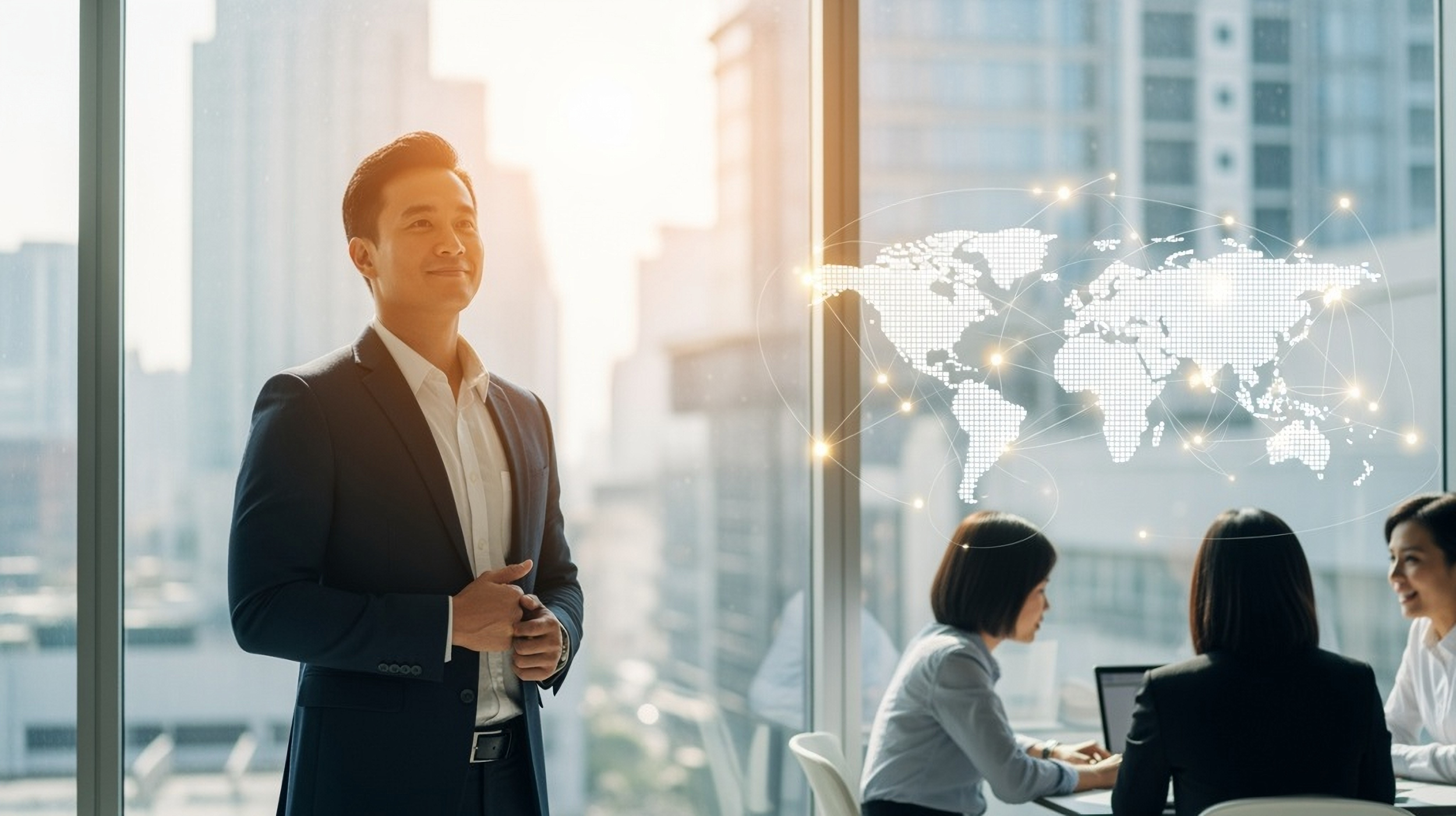 Businessman standing in an office with large windows, with a digital world map overlay showing global connections and communication.