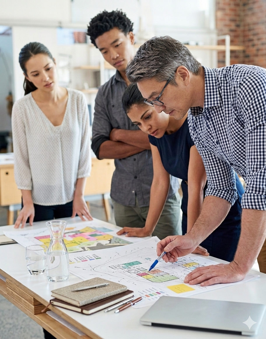 A group of five people gathered around a table, looking at architectural plans with color-coded sections, in a modern office or studio setting.