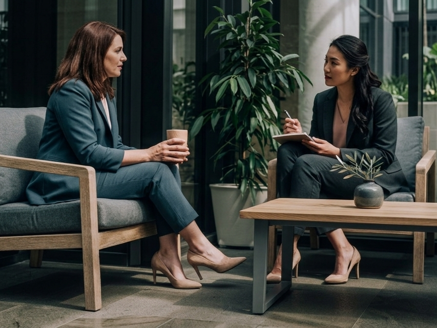 Two women in business attire having a discussion in an office lounge area, with a large potted plant and modern furniture.
