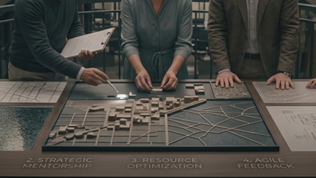 People conducting a business meeting with a model cityscape or urban planning layout on the table.