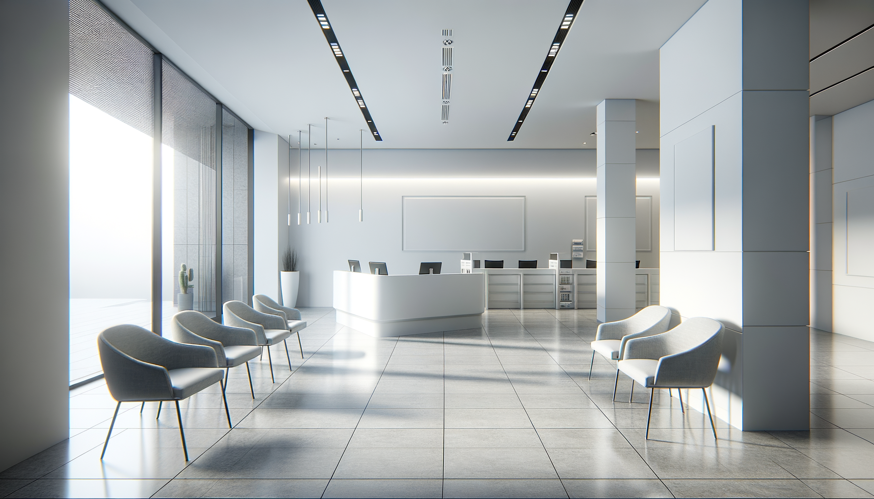 Modern hospital or office reception area with white walls, gray chairs arranged in rows, a white curved reception desk, and large glass windows letting in natural light.