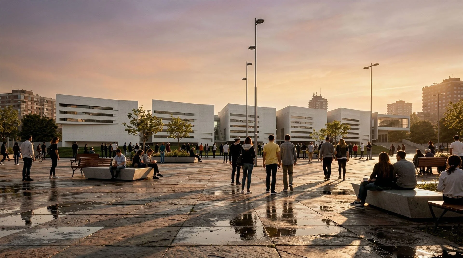 Vista del Edificio Judicial en Igualada con plaza pública y secuencia de volúmenes