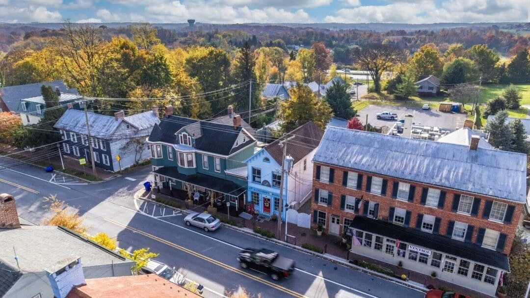 Arial view of homes and buildings in New Market, MD