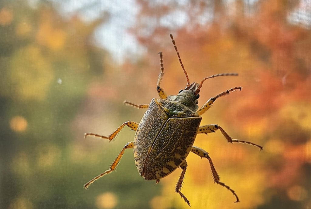 Picture of a stink bug on a window with a blurry background of fall leave colors.
