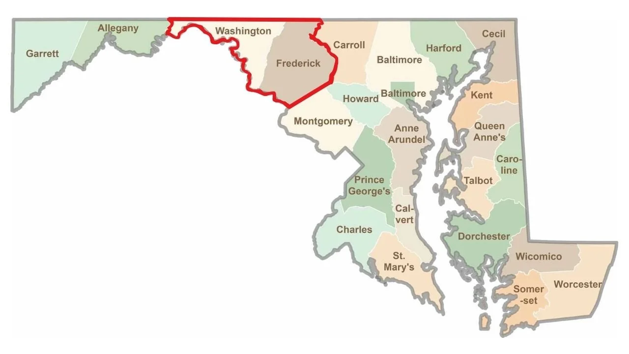 County map of Maryland showing Washington and Frederick counties outlined in red.