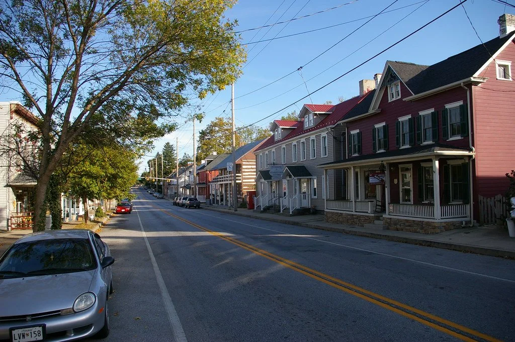 Picture of downtown Funkstown with homes and shops close together.