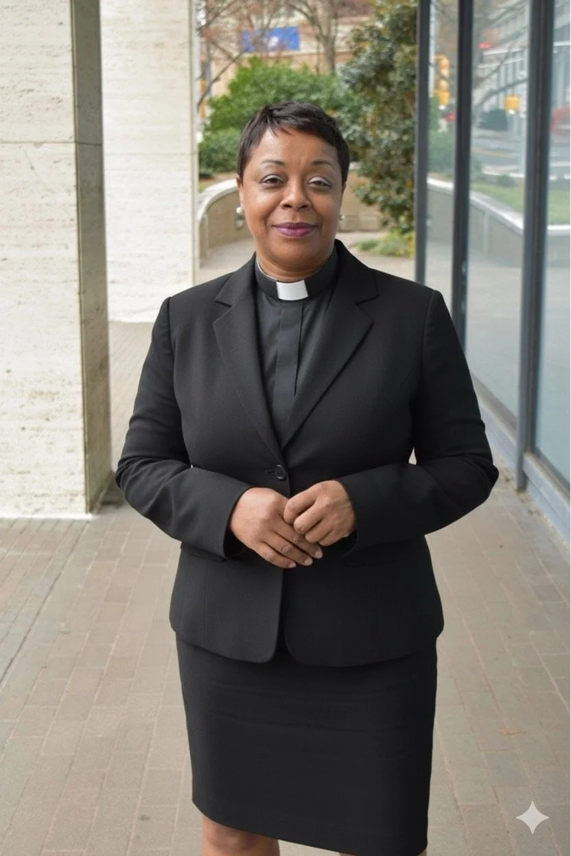 A woman dressed as a clergy member wearing a black blazer, skirt, and a clerical collar standing outside near a building with glass windows and trees in the background.
