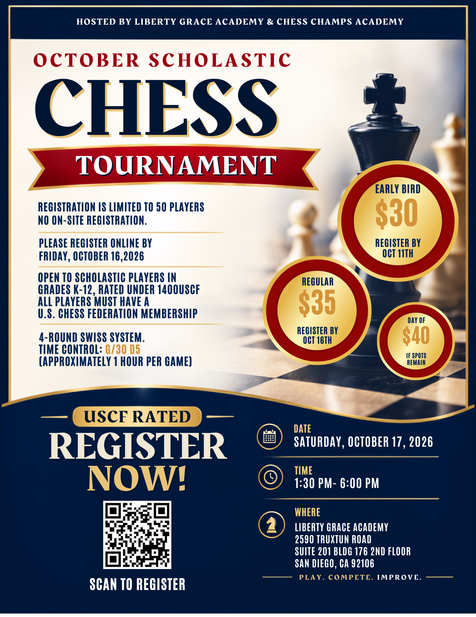 October 17, 2026 Scholastic Chess Tournament flyer