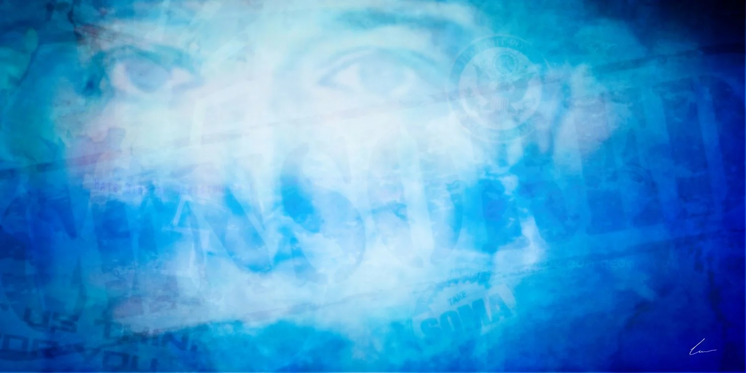 A blue-toned abstract digital background with faint images of human eyes and various police emblems and badges overlayed