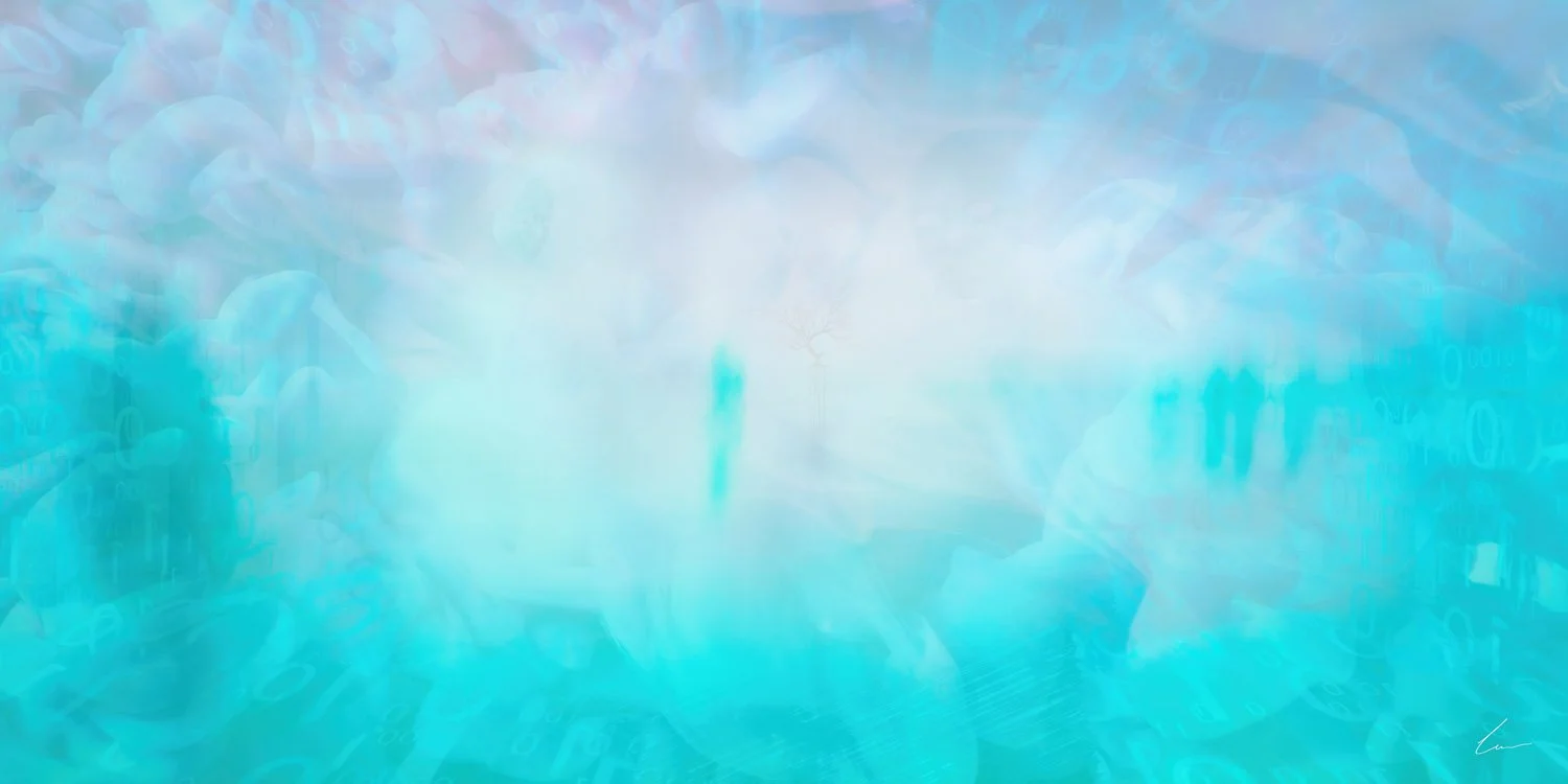 A digital artwork depicting an abstract scene with a central figure on a misty path, surrounded by glowing blue and white hues, with digital numbers and patterns faintly visible in the background.