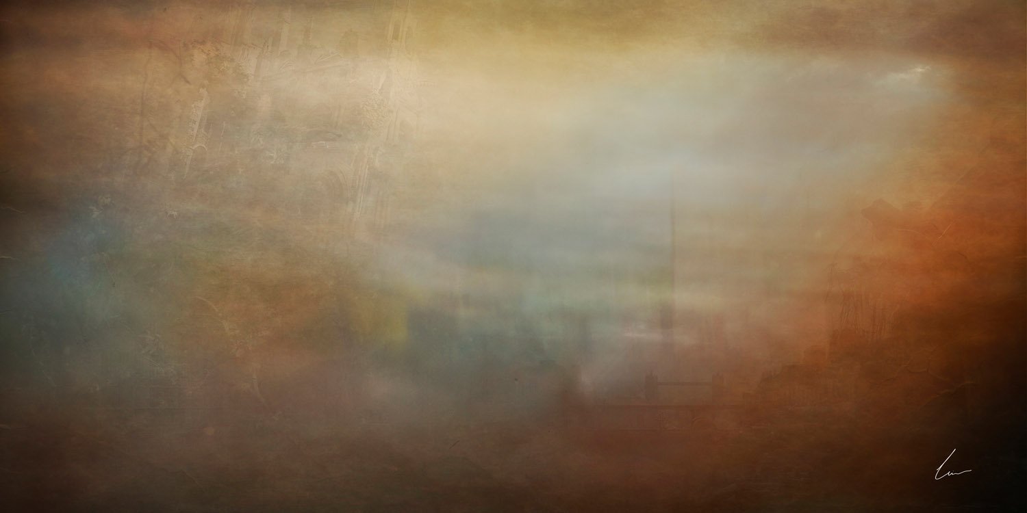 An abstract painting with warm brown and yellow tones and a soft white glow in the center.