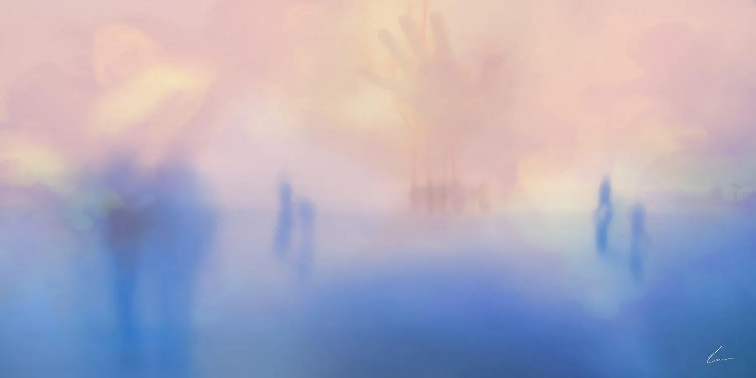 A blurry and abstract painting of a rural landscape with wind turbines, a church steeple, and a few figures on the water reflecting the sky.