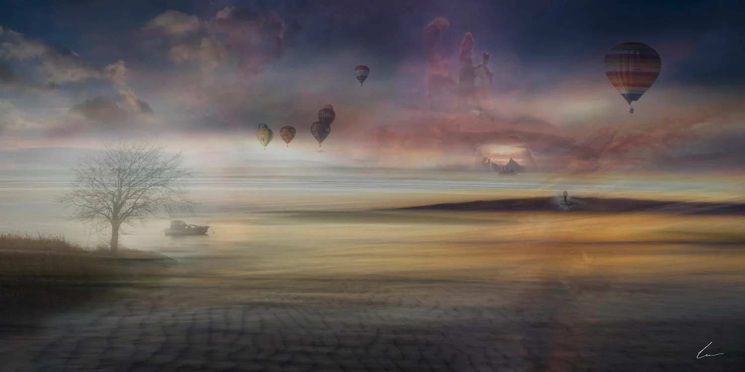 A surreal landscape with hot air balloons floating over a foggy field, silhouetted tree, a boat, and distant hills under a colorful, dreamy sky.