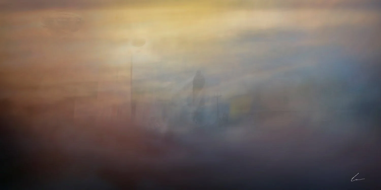 A blurred, misty scene of a street at dawn with a solitary person walking, streetlights, and a hazy sky.
