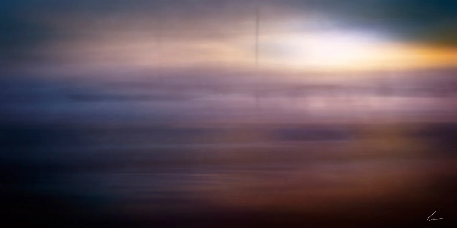 Abstract image with blurred horizontal streaks in shades of blue, purple, pink, and orange, resembling a sunset or sunrise sky.