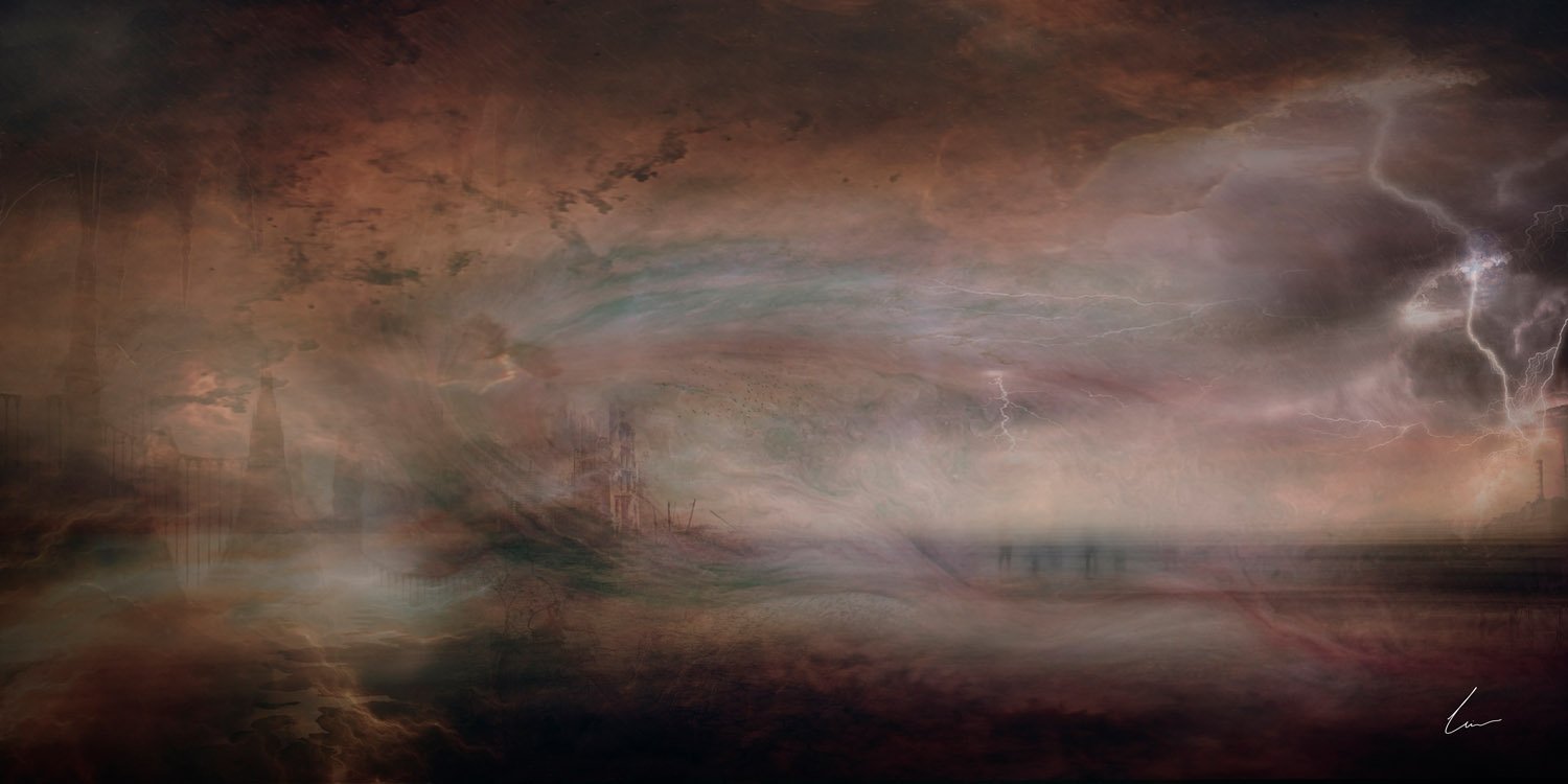 A digitally manipulated scene of a city under a stormy sky with lightning, dark clouds, and a stormy horizon, creating a surreal, atmospheric landscape.