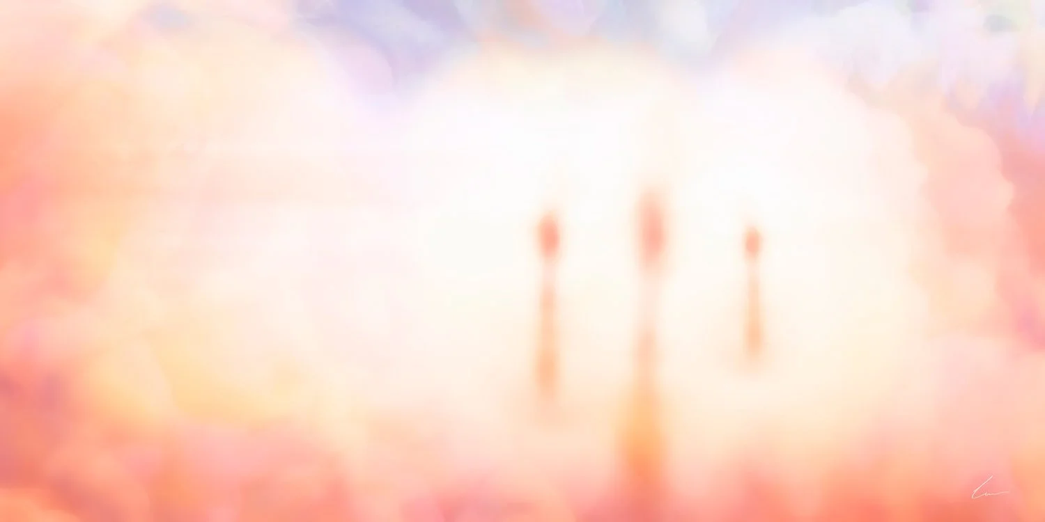 A blurry image with a bright central light and three faint figures or objects in the background, featuring warm and pastel colors.