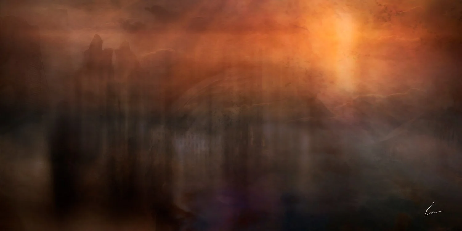 A blurry, abstract image with warm orange and dark tones, with indistinct shapes and light reflections.