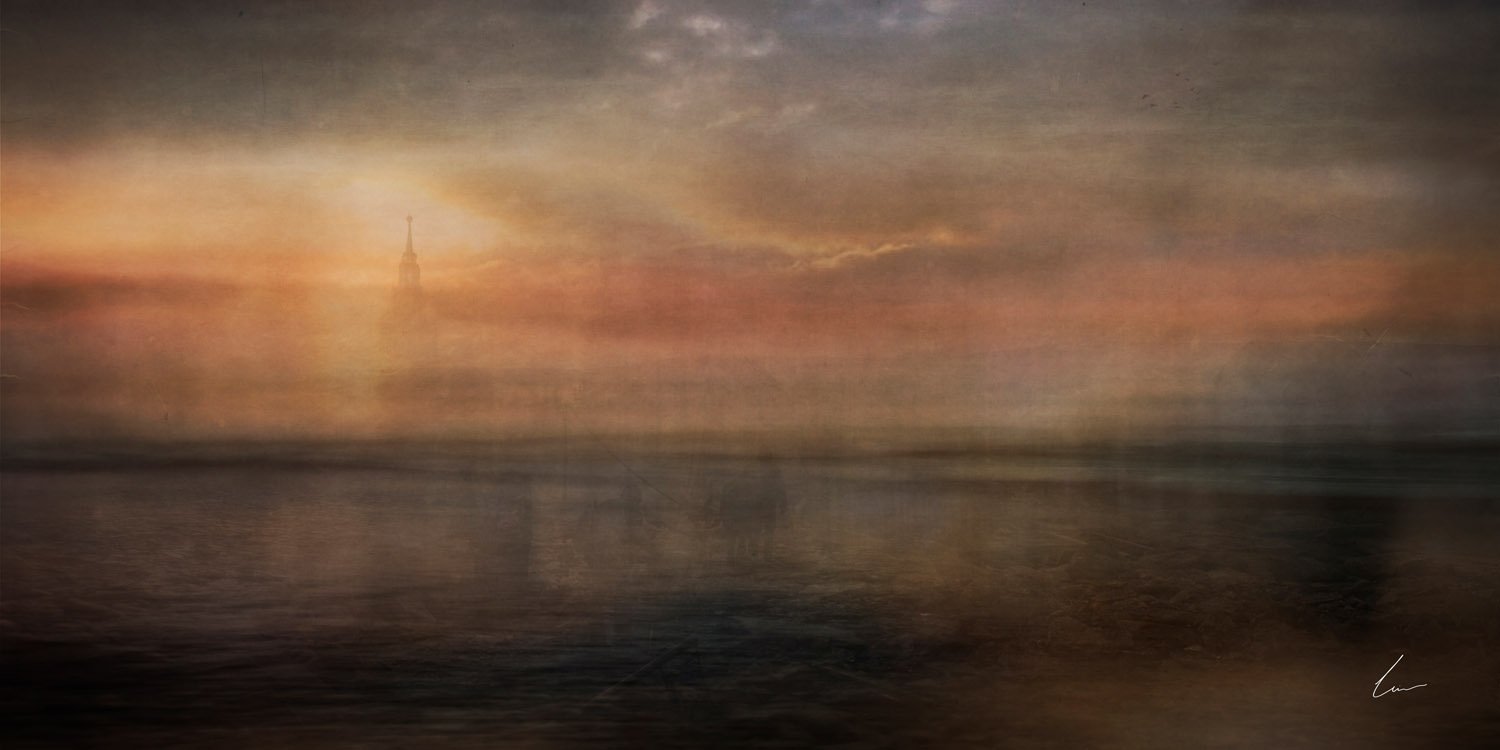 An abstract landscape painting of the sky with warm hues, featuring a faint structure resembling a lighthouse or tower in the distance, and a dark body of water in the foreground.