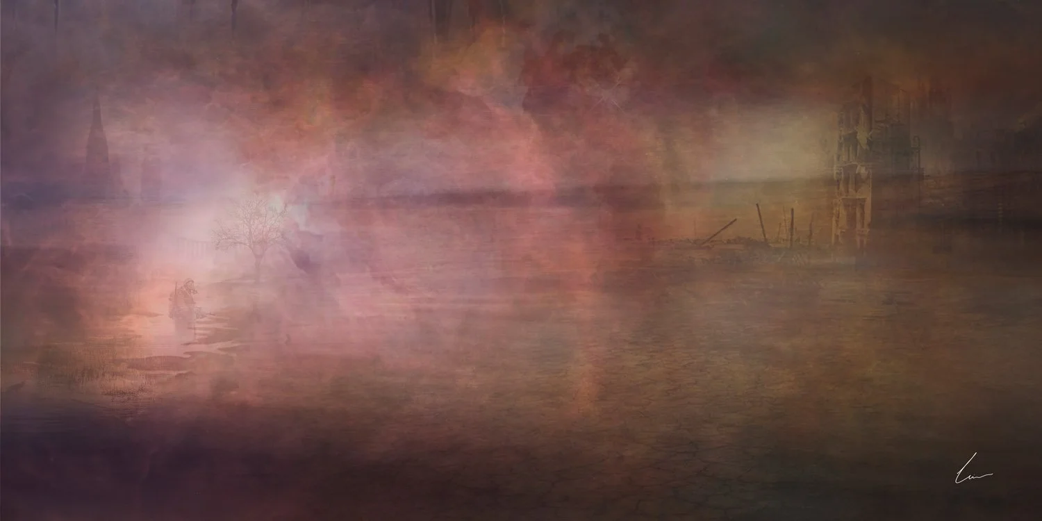 A surreal landscape with a droughted cracked earth, a solitary person in the water, a leafless tree, and distant ruins or structures, all bathed in a hazy, dreamy atmosphere with muted colors.