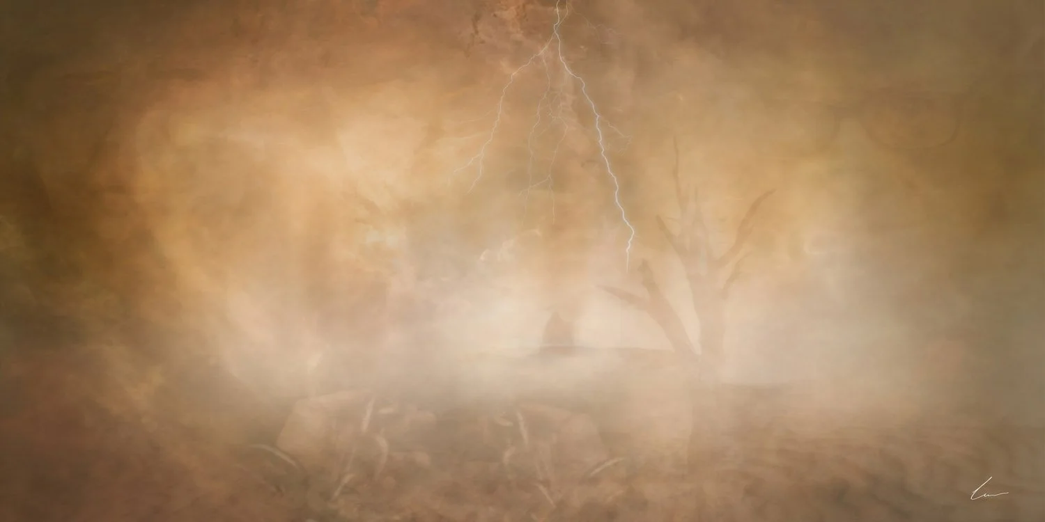 A lightning strike in a stormy sky over a barren landscape with trees.