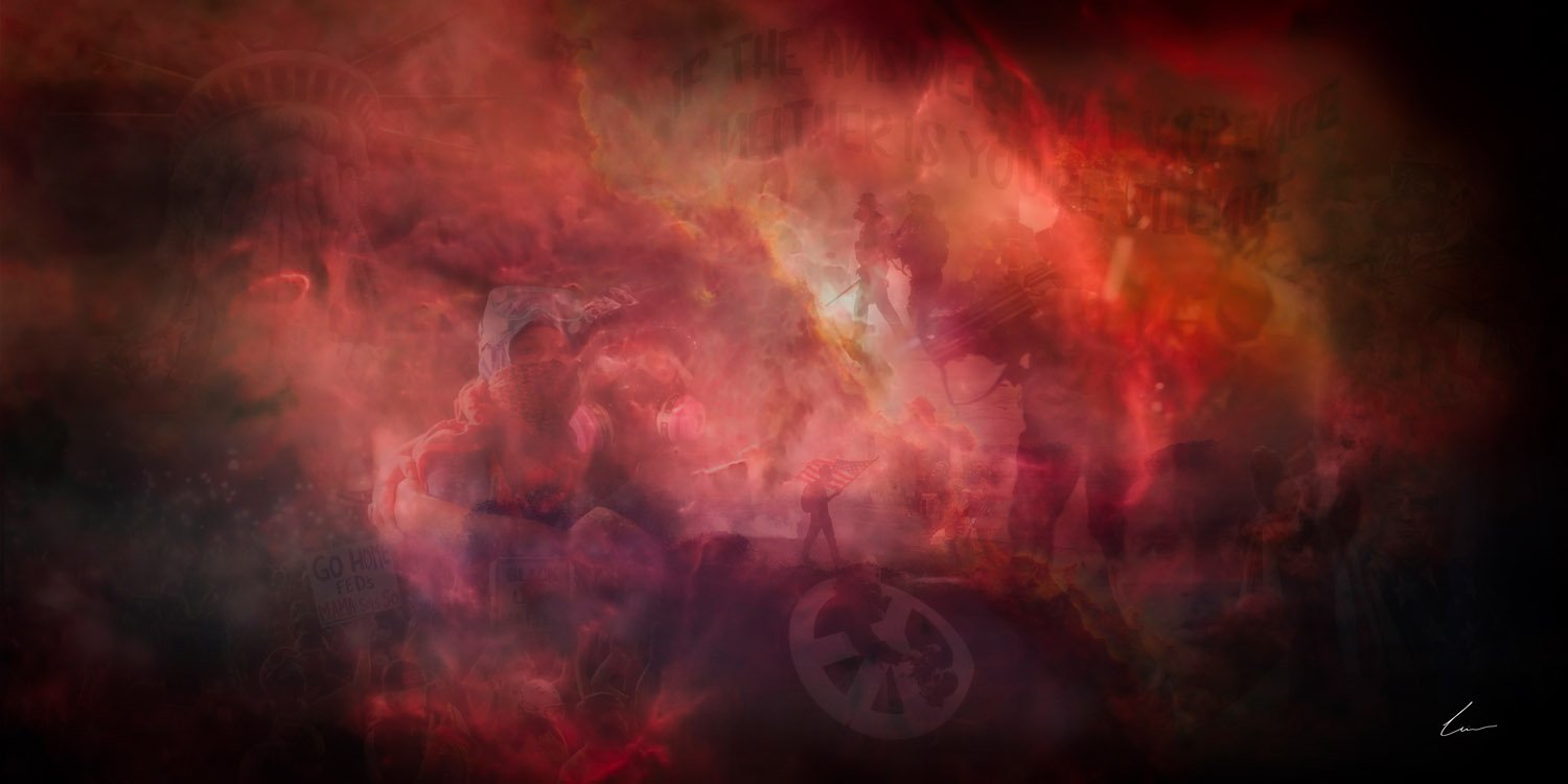 A digital collage with a dark, smoky background in red and black tones, featuring faint images of protesters, signs, and symbols related to social justice and protests.